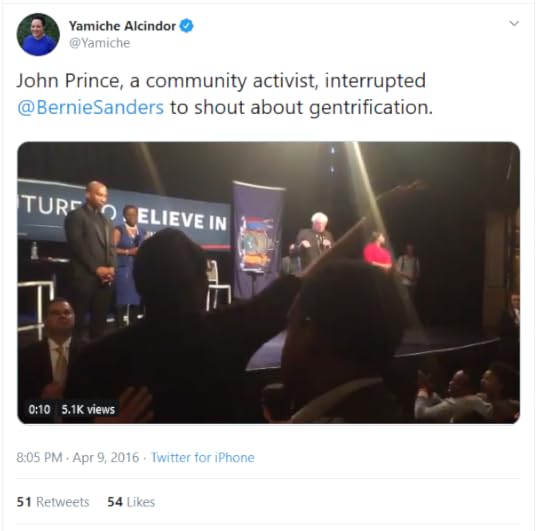 Yamiche Alcindor tweet: John Prince, a community activist, interrupted @BernieSanders to shout about gentrification.