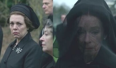 Queen Elizabeth and the Duchess of Windsor at the Duke of Windsor’s funeral in The Crown.