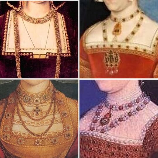From left, going clockwise: details of paintings of a young Catherine of Aragon, Jane Seymour, Catherine Howard, and Anne of Cleves.