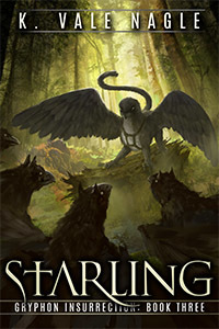 The cover of Starling featuring a petrel gryphon lost in the bog surrounded by infected starlings.
