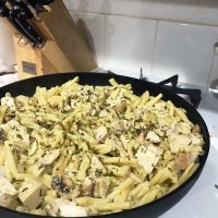 pasta in skillet on stovetop