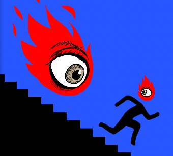 Flame chasing a man down the stairs.