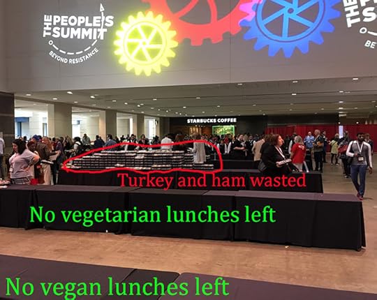 empty tables for vegan and vegetarian lunches, left over turkey and ham lunches at the People's Summit