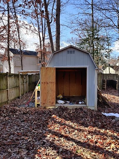 Note trees and fence close to our existing shed. Hard to get a prefab shed in here.