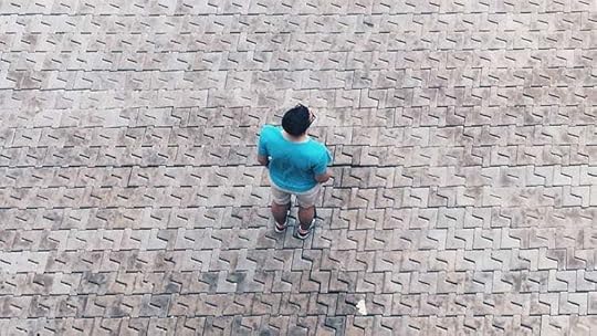 birds eye view of man standing on stone pavement
