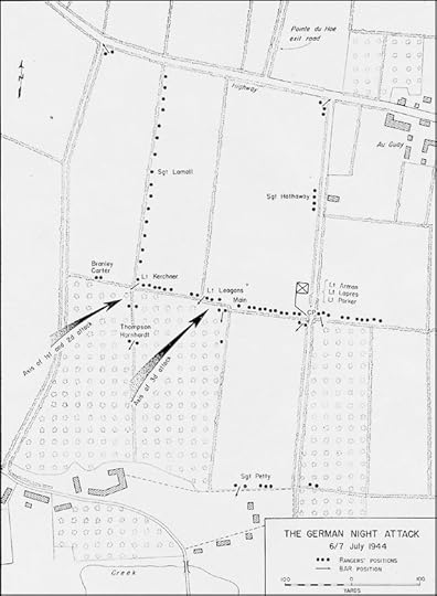 Map showing German attacks on US 2nd Ranger Battalion positions along highway near Pointe du Hoc, June 6-7, 1944 (US War Department, Historical Division)