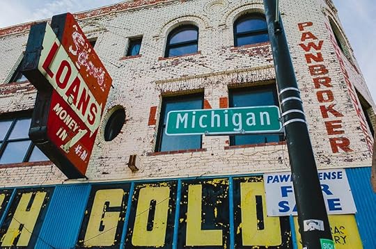 ONLY IN AMERICA, Michigan street signage, communication, text, western script, architecture, sign, built structure, building exterior, low angle view | Lis'Anne Harris