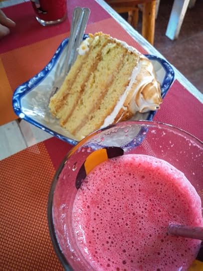 Tres leches + raspberry smoothie in Futaleufú, Chile