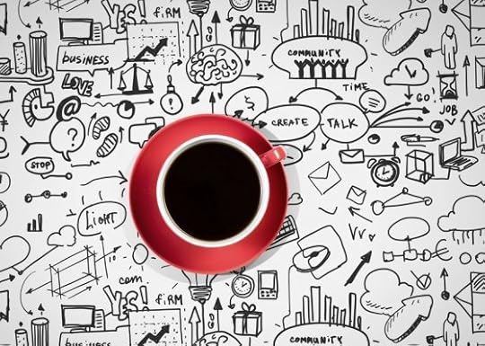 Coffee cup and business strategy sketches on white background