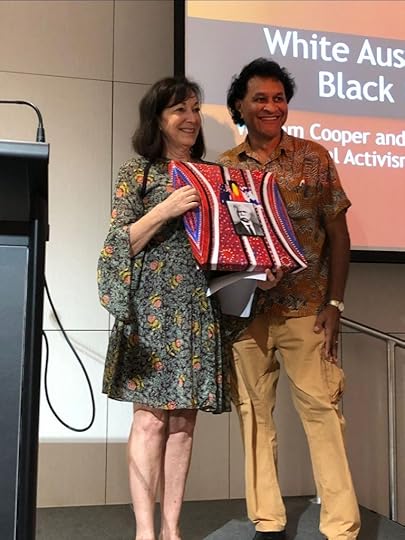 Munganbana Norman Miller presenting a painting he did of William Cooper which he presented to Aviva Wolff on behalf of the Sydney Jewish Museum when I launched 2 books on William Cooper there recently. This canvas painting is called