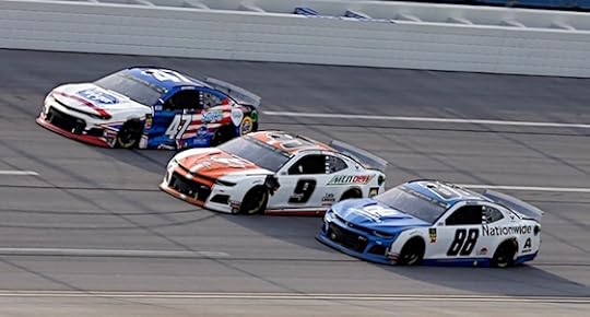 Chase Elliott, center, and Hendrick Motorsports teammate Alex Bowman, right, didn’t get to race to the checkered flag but that was about the only bummer in Sunday’s race at Talladega. (RacinToday/HHP photo by Andrew Coppley)