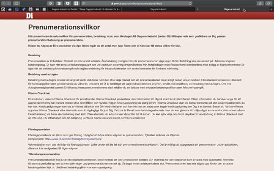 Skärmdump från prenumerationsvillkor