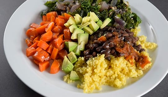 dinner: beans, greens, carrots, millet, and avocado