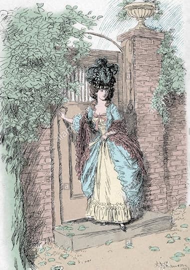 Illustration from Evelina by Fanny Burney; Evelina shutting the garden gate