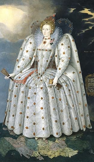 Elizabeth I wearing an intricately detailed dress and a great farthingale