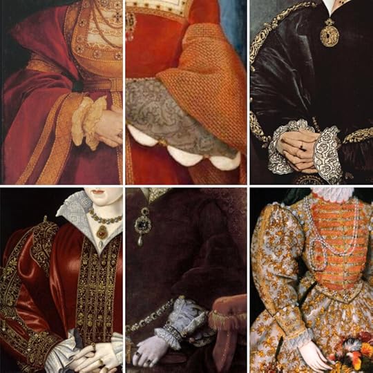 Details of paintings from (starting top left, going clockwise): Anne of Cleves, Jane Seymour, Catherine Howard, Elizabeth I, Mary I, and Catherine Parr.