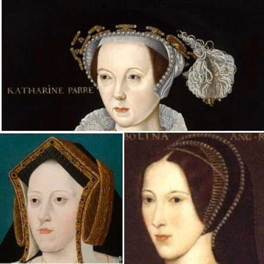 Details from portraits, showing the gable hood of Catherine of Aragon, the French hood of Anne Boleyn, and Catherine Parr’s feathered hat.