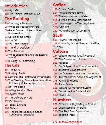Contents of book What i know about Running Coffee shops by Colin Harmon