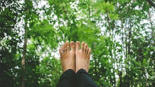 Feet over a backdrop of trees