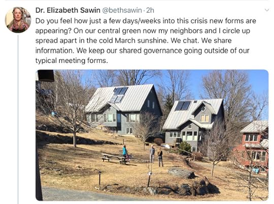 @bethsawin tweet showing neighbors standing at a safe distance in a grassy common area