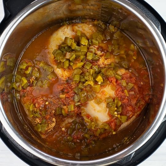 View of the cooked ingredients for spicy shredded pork still in the Instant Pot
