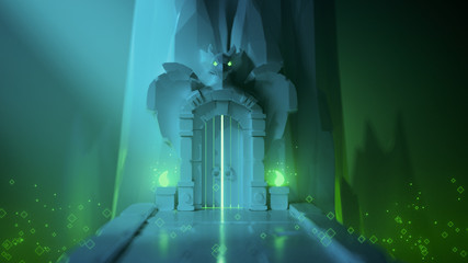 3d illustration of low poly mystical dungeon with a gate in the rock. Game locations with poisons. Above the stone gates is a dragon sculpture with glowing green eyes. Stylized art with bokeh effect.
