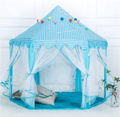 This is an image of babie's castle tent for outdoor in turquoise blue and white color