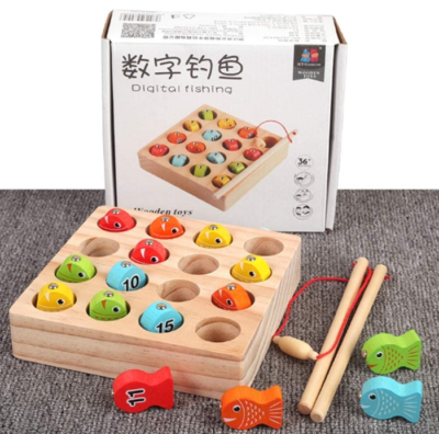 This is an image of babie's magnetic fishing toy with 16 digital small fish in colorful colors 