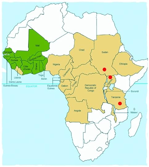 Countries in the former Onchocerciasis Control Programme in western Africa in which onchocerciasis was eliminated as a public health problem through vector control (green); countries in the African Programme for Onchocerciasis Control in which onchocerciasis control is ongoing through annual mass treatment with ivermectin (beige); and areas in Southern Sudan, northern Uganda, and southern Tanzania in which nodding syndrome has been reported (red circles). Da Dowell et al., 2013
