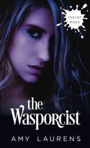 Three-quarter profile of a teenage girl, face partially obscured by her hair, which is probably blonde but with serious blue highlights. The lighting is low key, dark and with a bluish cast. The white inkblot top right contains the text 