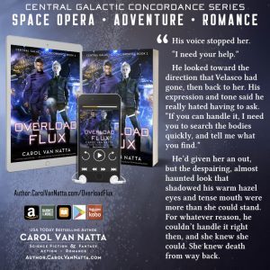 The cover image and a quote from Overload Flux, a space opera romance