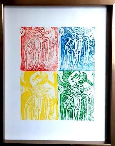 linocut print of Yoda from Star Wars