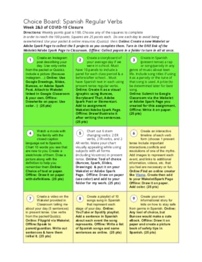Home Learning with Choice Boards During School Closures