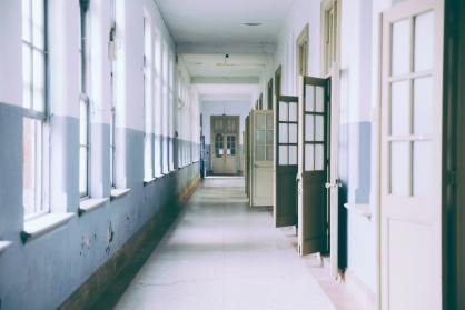 middle school hallway, classrooms, students
