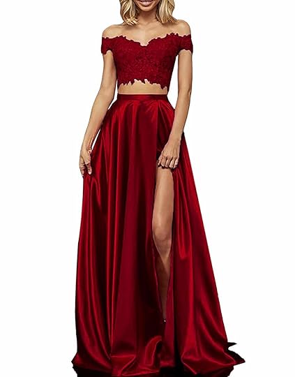 yinyyinhs Two Piece Prom Dresses Long Off Shoulder Lace Satin Slit ...