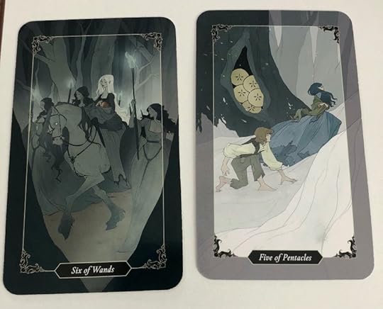 The 6 of Wands and Five of Pentacles from the Dark Wood tarot by Sasha Graham and Abigail Larson.