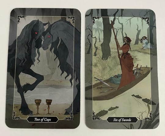 The 2 of Cups and Six of Swords from the Dark Wood tarot by Sasha Graham and Abigail Larson.