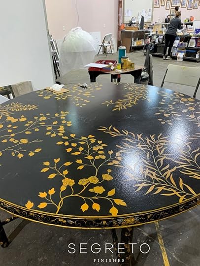 custom painted black table with gold leaves