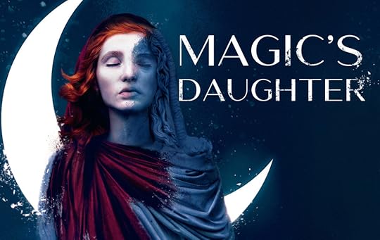 Selena Nelesti, red-robed wizardess, half-petrified and standing before a crescent moon