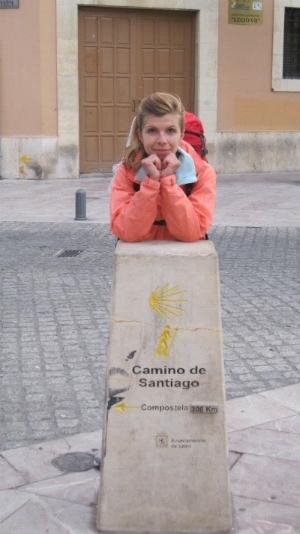 A shot of author Elitsa Dermendzhiyska embarking on the Camino de Santiago trail.
