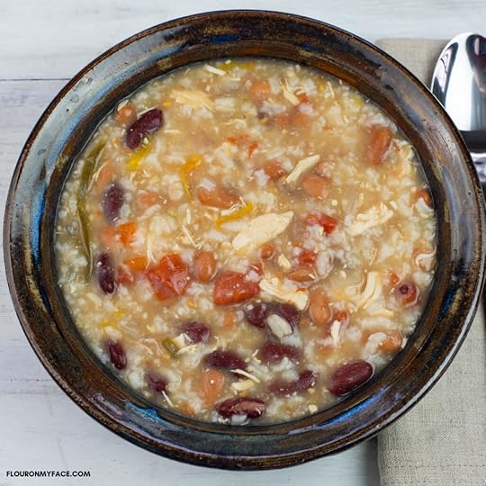 Brown pottery bowl filled with homemade soup made from pantry items on hand