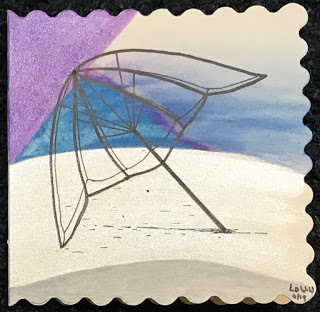 miniature ink drawing of umbrella frame on beach, abstract art, artist Linzé Brandon,