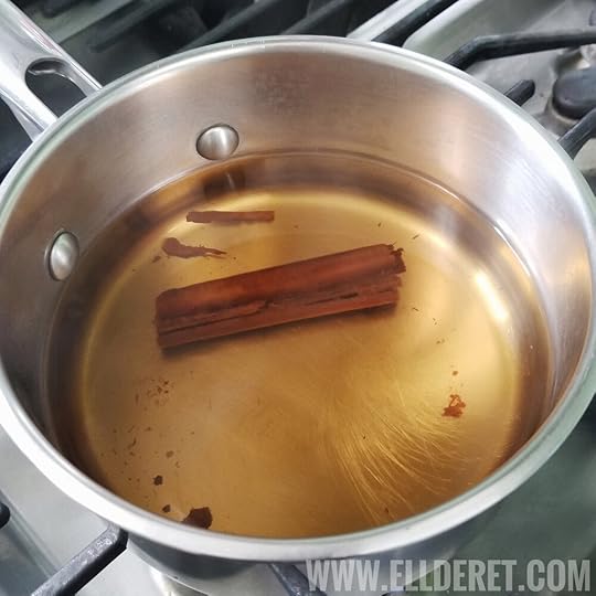 Remove from heat, cover pot with lid, and let cinnamon sit for 15-25 minutes. Note the tea is still more yellow than red.
