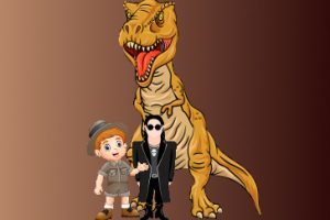 Cartoon image of a T-Rex with a goth character and an archeologist character