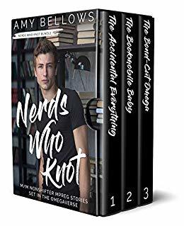 Cover for Nerds Who Knot by Amy Bellows shows a young man in front of a bookshelf