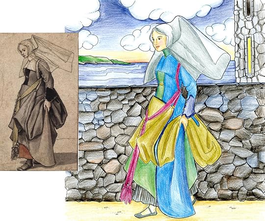 Left: Costume study by Hans Holbein; Right: Tudor woman on a castle wall walk