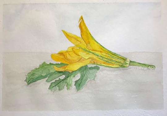 gouache painting of zucchini flower and leaves on watercolour paper, artist Linzé Brandon