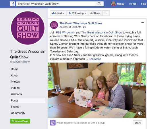 Watch Sewing With Nancy at 8 a.m. CT Tuesdays and Saturdays on The PBS Wisconsin and The Great Wisconsin Quilt Show Facebook Pages