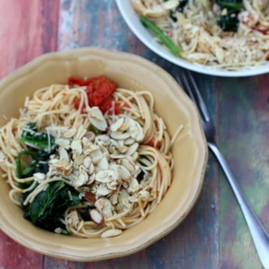 Garlicky Spinach Pasta with Buttered Almonds