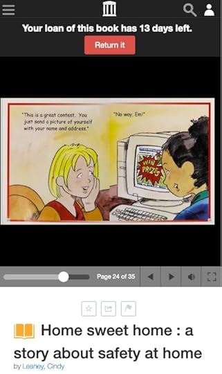 screenshot of a page from the bookshowing two girls looking at a computer screen which says WIN PRIZES